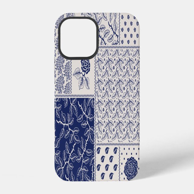 Coque iPhone Indigo Bleu Beige Floral Patchwork (Verso)