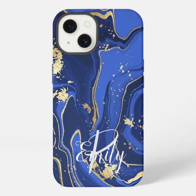 Coque iPhone Indigo Blue Agate Marbre Nom Abstrait Monogramme (Verso)