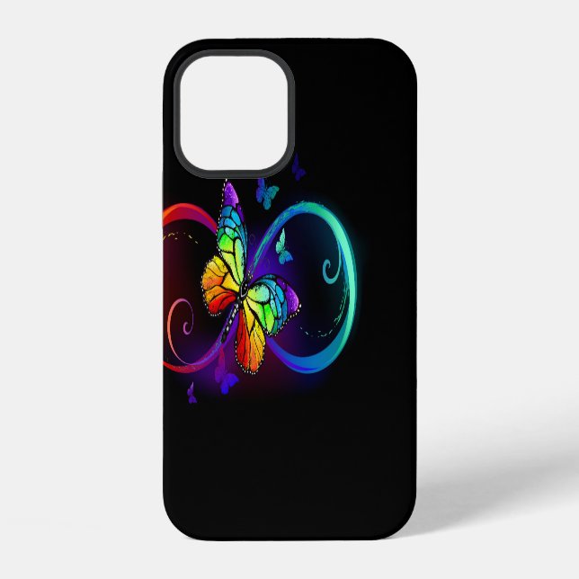 Coque iPhone Infini vibrant avec papillon arc-en-ciel sur fond  (Verso)