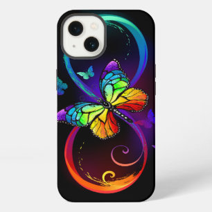 Etui iPhone 13 Infini vibrant avec papillon arc-en-ciel sur fond