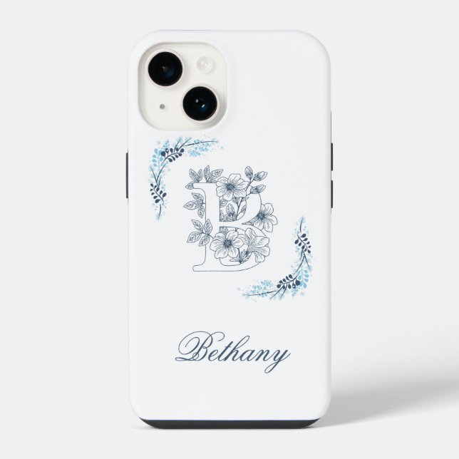 Coque iPhone Initiale "B" Monogramme bleu Calme Floral (Verso)