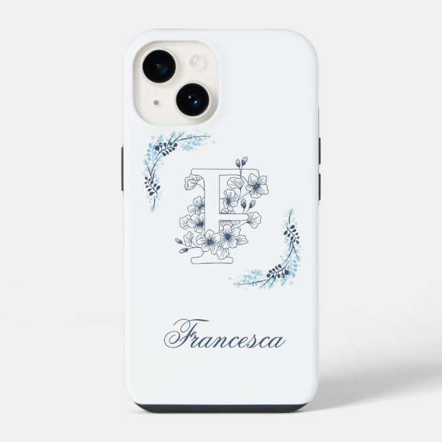 Coque iPhone Initiale "F" Monogramme bleu Calme Floral (Verso)