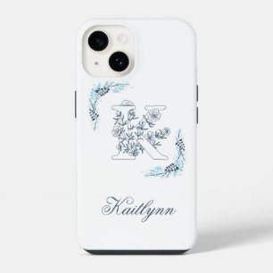 Coque Pour iPhone 14 Initiale "K" Blue Monogram Calme Floral