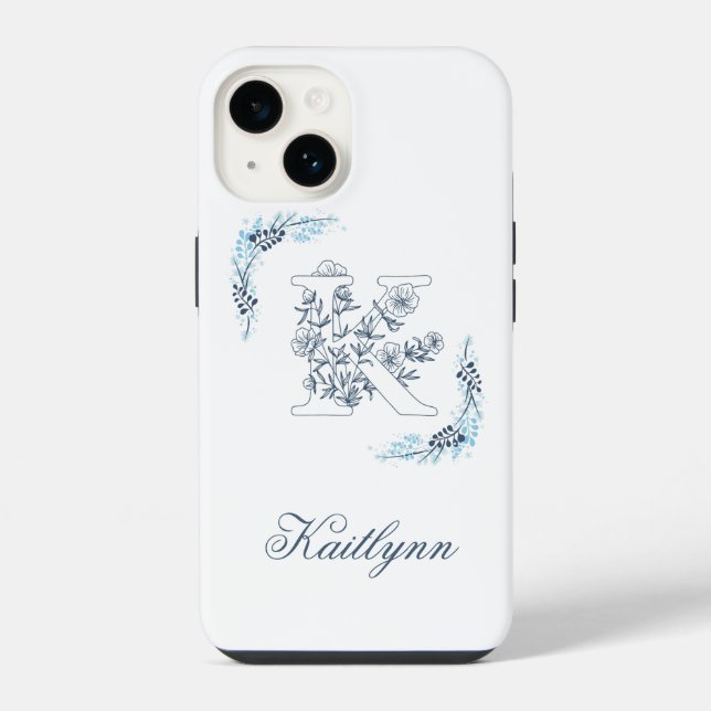 Coque iPhone Initiale "K" Blue Monogram Calme Floral (Verso)