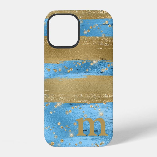 Coque iPhone Initiale Monogramme Pailleté Or Bleu (Verso)