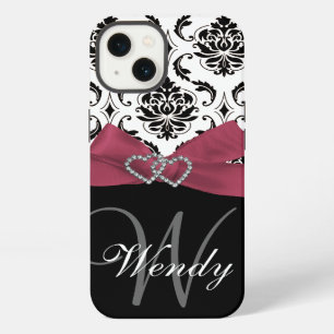 Etui iPhone 13 Initiale personnalisée, motif damassé rose et noir