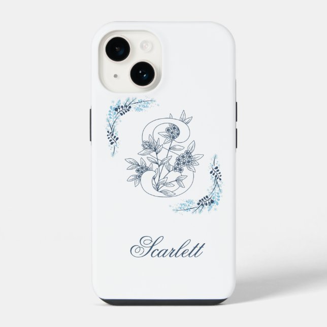 Coque iPhone Initiale "S" Monogramme bleu Calme Floral (Verso)