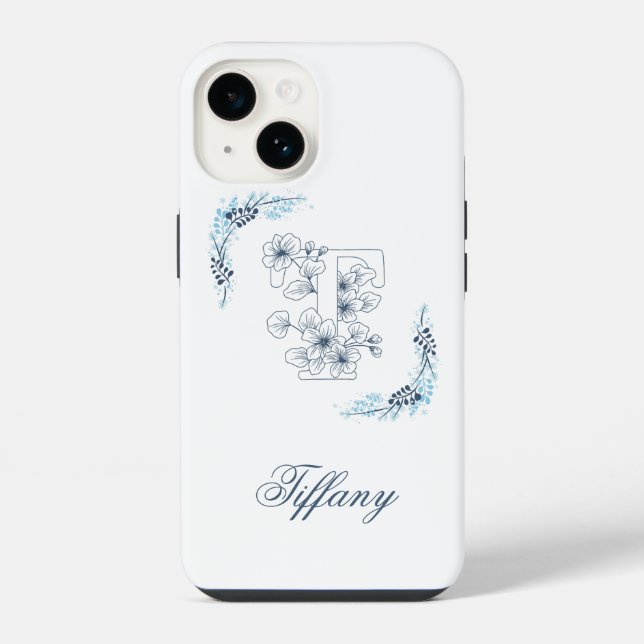 Coque iPhone Initiale "T" Monogramme bleu Calme Floral (Verso)