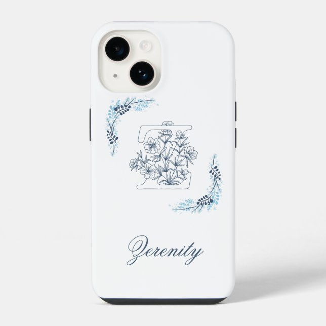 Coque iPhone Initiale "Z" Monogramme bleu Calme Floral (Verso)