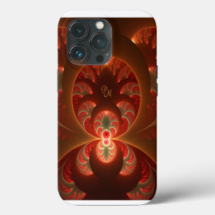 Etui iPhone 13 Pro Initiales de l'art fractal orange rouge abstrait l