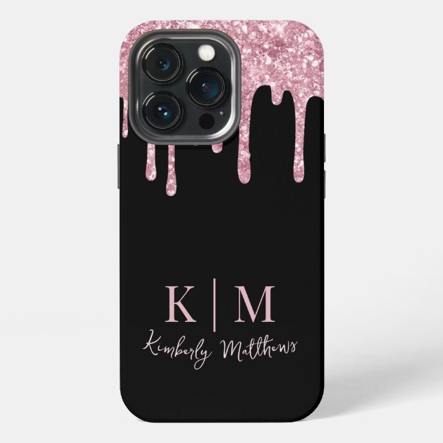 Coque iPhone Initiales de monogramme à paillettes roses sur fon (Dos)