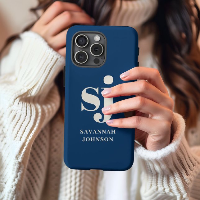 Coque iPhone Initiales de monogramme bleu marine élégant  (Créateur téléchargé)