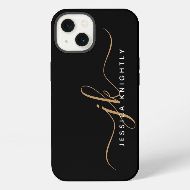 Coque iPhone Initiales de monogramme élégant moderne en noir et (Verso)