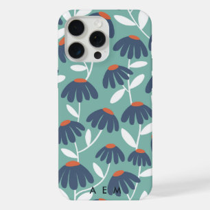 Coque iPhone 15 Pro Max Initiales de monogramme en bas Motif floral bleu e