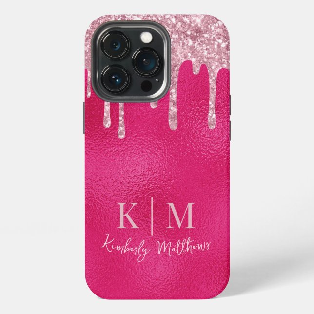 Coque iPhone Initiales de monogramme scintillantes rose vif gla (Dos)
