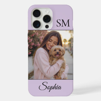 Coque iPhone 15 Pro Max Initiales de nom personnalisées lavande Une photo