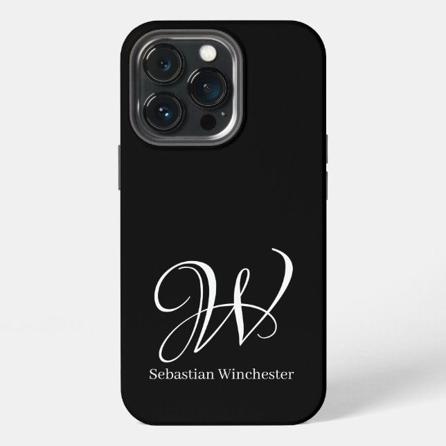 Coque iPhone Initiales de script élégantes et nom en noir et bl (Dos)