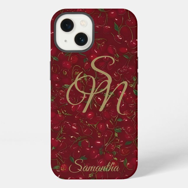 Coque iPhone Initiales dorées sur fruit rouge : monogramme ceri (Verso)