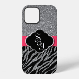 Coque iPhone 12 Initiales du modèle Zebra de Parties scintillant d