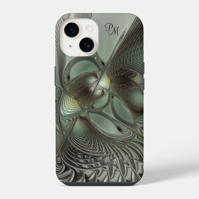 Coque iPhone Initiales fractales abstraites olive vert sage gri (Verso)