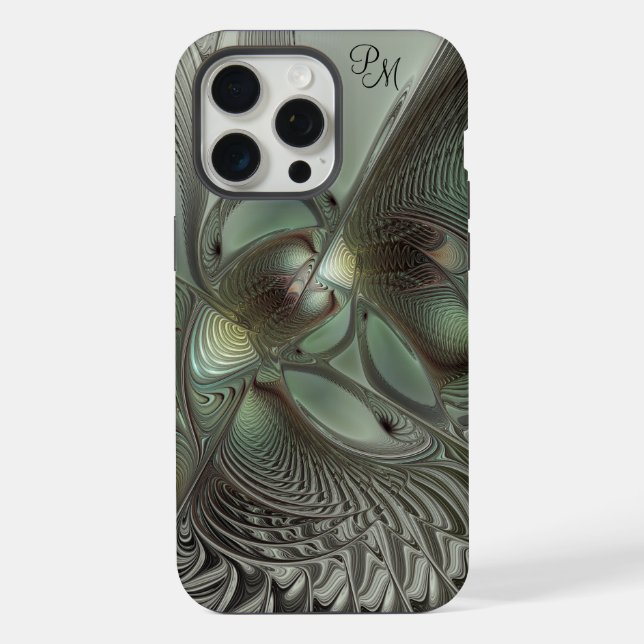 Coque iPhone Initiales fractales abstraites olive vert sauge gr (Verso)