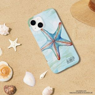 Coque Pour iPhone 14 Initiales Joli étoile de mer aquarelle colorée ble