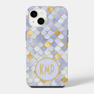 Coque Pour iPhone 14 Initiales Monogramme Bleu Or Écailles de Sirène