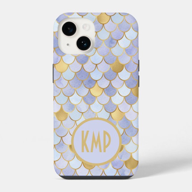 Coque iPhone Initiales Monogramme Bleu Or Écailles de Sirène (Verso)