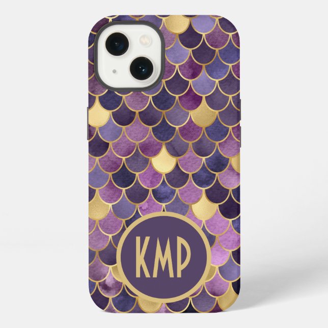 Coque iPhone Initiales Monogramme Écailles de Sirène Violet Or (Verso)