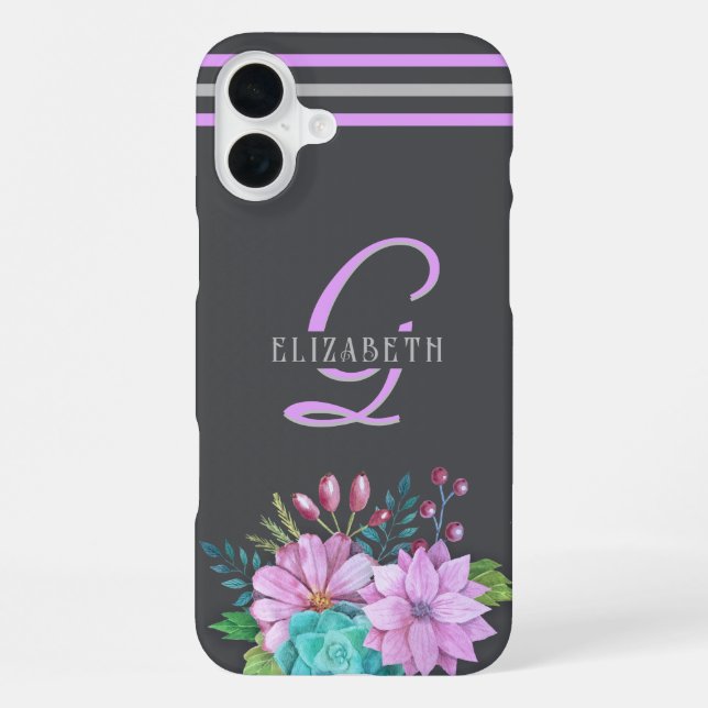 Coque iPhone initiales MONOGRAMME rayures Gris foncé (Verso)