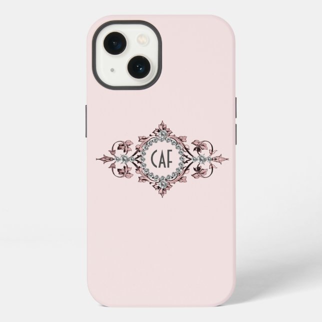 Coque iPhone Initiales Monogramme Rose Gris Argent Flourir  (Verso)