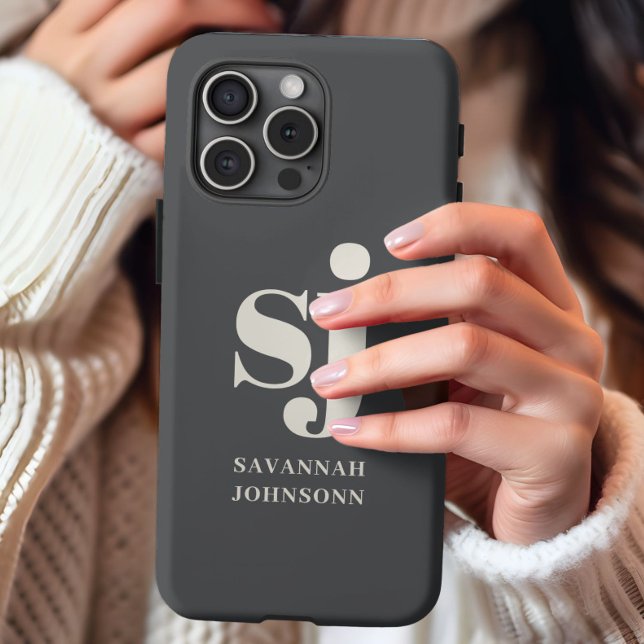 Coque iPhone Initiales monogrammes crème et gris  (Créateur téléchargé)