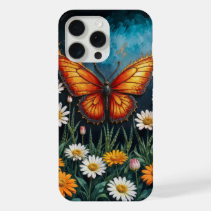 Coque iPhone 15 Pro Max Insect papillon orange vif fleurs de camomille