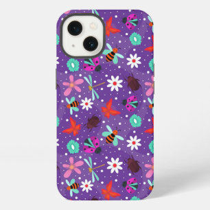 Etui iPhone 13 Insectes colorés et fleurs sur un fond violet