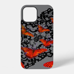Coque iPhone 12 iPhone 12 ORANGE PAPILLONS DENTELLE NOIRE ANTIQUE