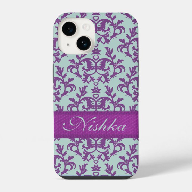 Coque iPhone Iphone botanique damassé violet émeraude (Verso)