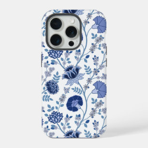 Coque iPhone 15 Pro Jacobean Floral Big Motif Blues sur blanc