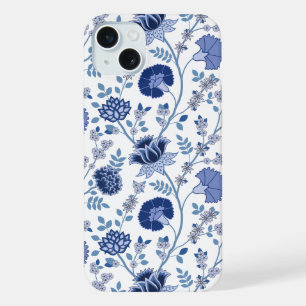 Coque iPhone 15 Plus Jacobean Floral Big Motif Blues sur blanc