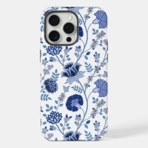 Coque iPhone 15 Pro Max Jacobean Floral Big Motif Blues sur blanc