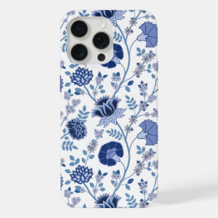 Coque iPhone 15 Pro Max Jacobean Floral Big Motif Blues sur blanc