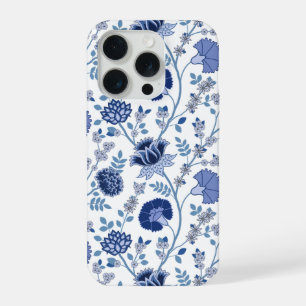Coque iPhone 15 Pro Jacobean Floral Big Motif Blues sur blanc