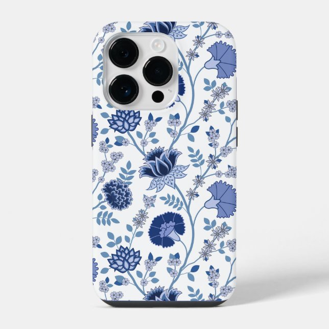 Coque iPhone Jacobean Floral Big Motif Blues sur blanc (Verso)