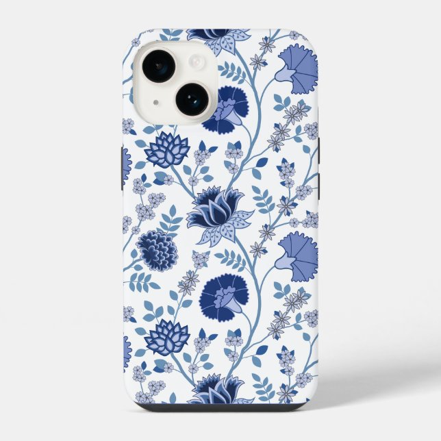 Coque iPhone Jacobean Floral Big Motif Blues sur blanc (Verso)