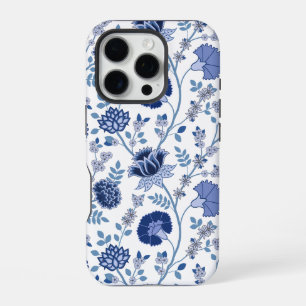 Coque iPhone 16 Pro Jacobean Floral Big Motif Blues sur blanc