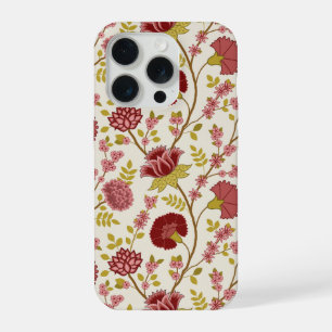 Coque iPhone 15 Pro Jacobean Floral Grand Motif Reds Pinks Gold Creme