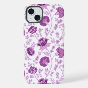 Coque iPhone 15 Plus Jacobean Floral Grand Motif rose sur blanc