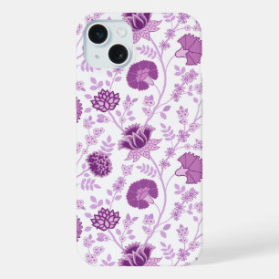 Coque iPhone 15 Plus Jacobean Floral Grand Motif rose sur blanc