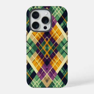 Coque iPhone 15 Pro Jacquard Mardi Gras jaune violet vert