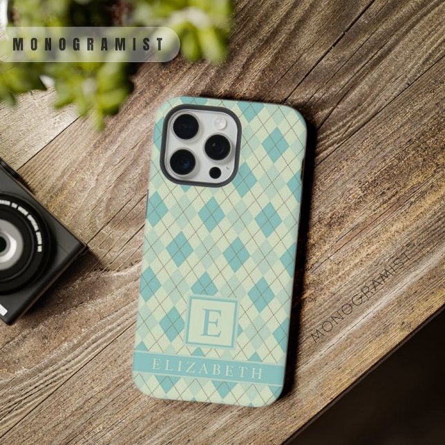 Coque iPhone Jacquard vert Turquoise Pastel Lumière Personnalis (Customizable Light Soft Pastel Teal Green Argyle iPhone Case)
