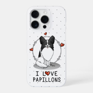 Coque iPhone 16 Pro J'adore les Papillons (blanc & noir) Cœurs Chiens